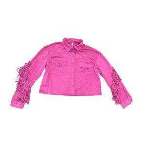Glam Hot Pink Faux Suede Fringe Cropped Jacket SZ Medium Country Western Barbie